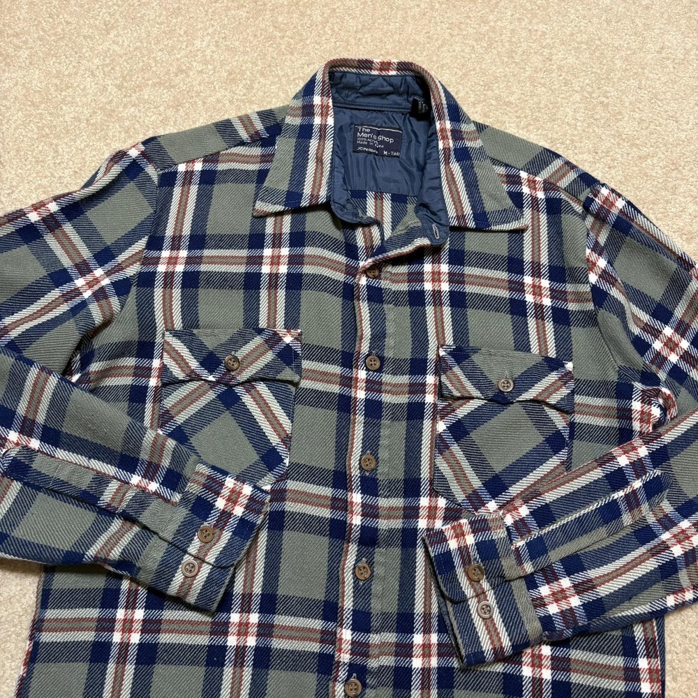 Vtg JCPenney Shirt Mens MT Green Plaid Flannel‎ Quilted Lined Button Up 70s 80s